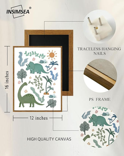 InSimSea Framed Canvas Prints Art Vintage Decor, Green Blue Dino Flower Nursery Animal Painting, Dinosaur Wall Art for Kids Toddler Bedroom Boys Gift Room Small Shelf Decor, 12x16inch