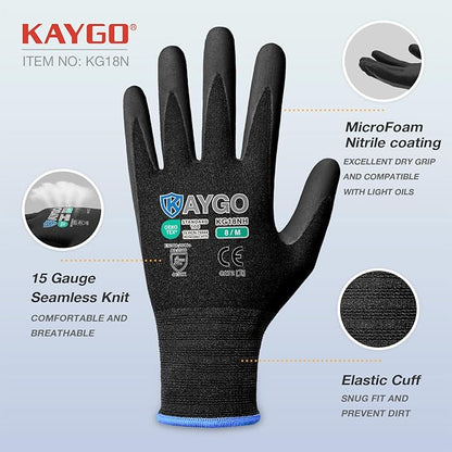 KAYGO Safety Work Gloves MicroFoam Nitrile Coated, 3 Pairs KG18NB,Seamless Knit Nylon Glove with full fingers Touchscreen, Ideal for Automotive,Warehouse,Construction (2XL, Black)