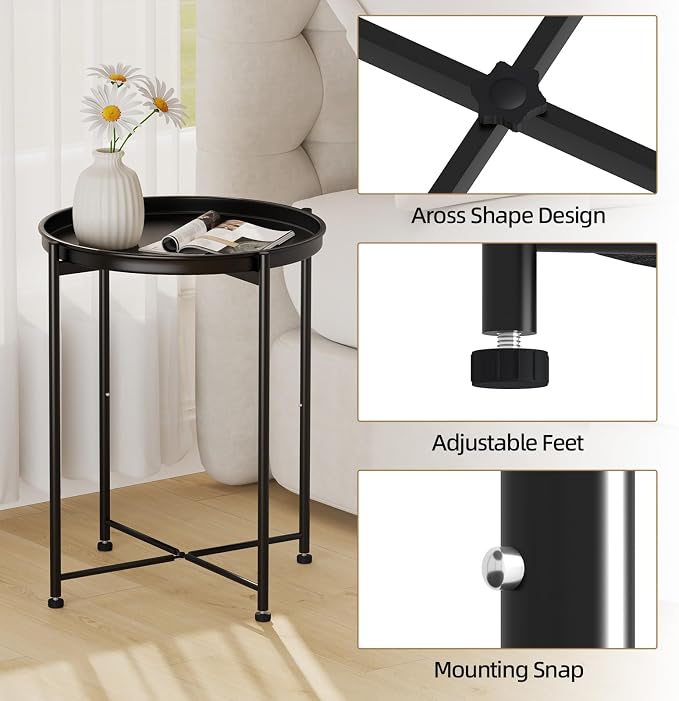 Garden 4 you Small Side Table, Mini Round End Table, Tray Table with Metal Frame, Modern Nightstand for Living Room, Bedroom, Patio, Small Space, Black