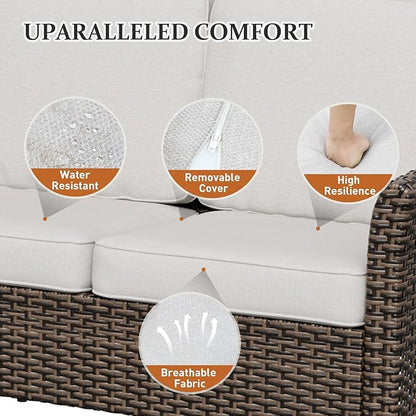 Canyon Ridge Wicker Patio Sofa with 2 Ottomans, Small Balcony Furniture, Outdoor Furniture Set, 3 Seat Couch, Brown/Beige