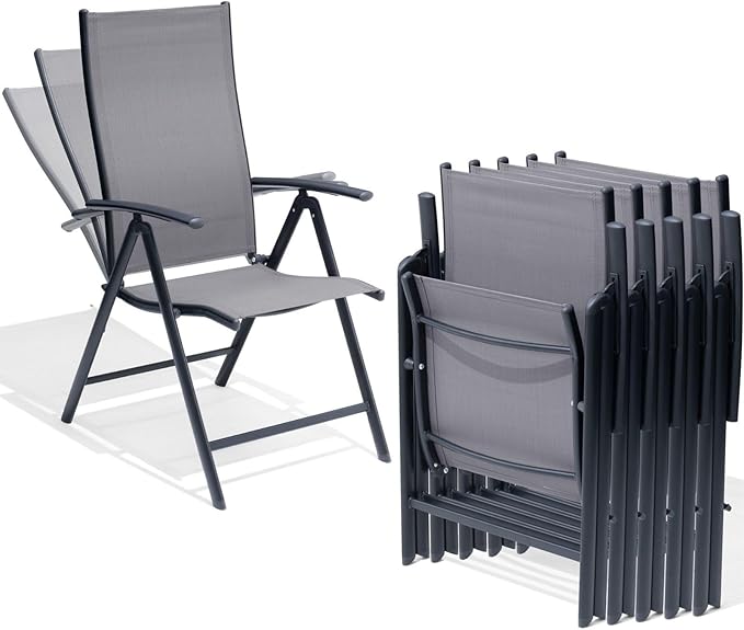 Crestlive Products Folding Patio Chairs Set of 6, 7-Level Adjustable Recliner Chairs Foldable Outdoor Lawn Chairs for Pool, Backyard,Gray