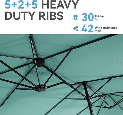 GREEN PARTY 15 ft Rectangle Patio Umbrella with Base Included, Double-Sided Table Umbrella with Crank, Large Outdoor Umbrellas for Patio Poolside Garden Backyard, Turquoise