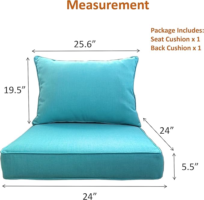 MEETHASUNY Outdoor Patio Furniture Replacement Cushions,24X24X5 Inch Deep Seat Chair Seat Back Cushion Set,All Weather Breathable Sectional Cushions for Patio Furniture Couch Loveseat,Turquoise Blue