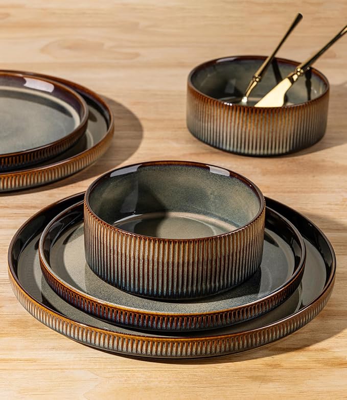 TheTerra Ceramic Dinnerware Sets for 4, 16 Pieces Porcelain Lightweight Plates and Bowls Sets, Scratch Resistant Dish Set, Oven & Microwave & Dishwasher Safe, Coca Mocha