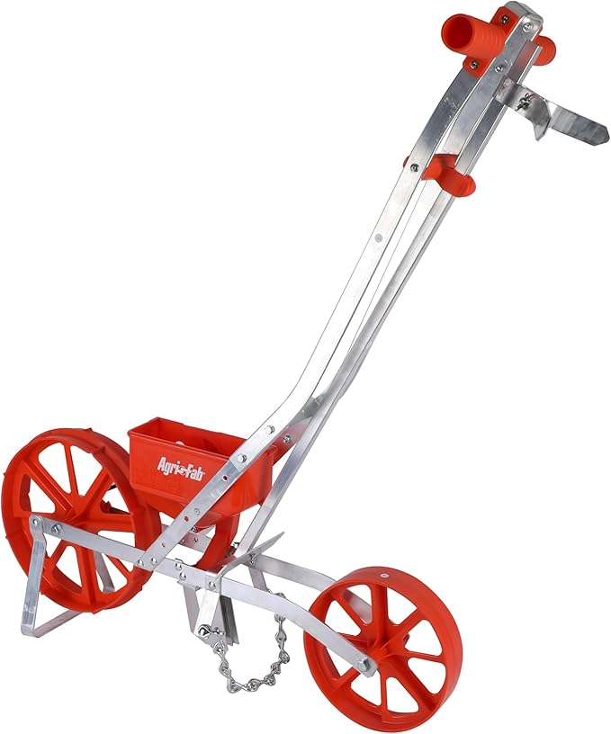 Agri-Fab 45-0640 3lb Push Garden Seeder/Planter with 7 Interchangeable Seed Plates for up to 20 Types of Seeds, Rust Resistant Plow Blade, Powder Coated Aluminum Frame, Orange
