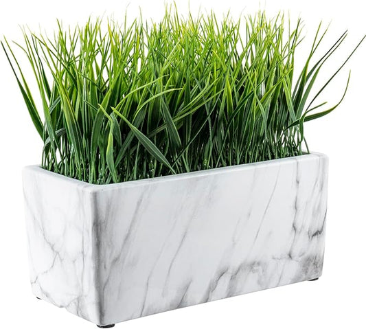 MyGift 10 Inch Artificial Green Grass Plant in Rectangular White Marble Pattern Ceramic Planter Pot