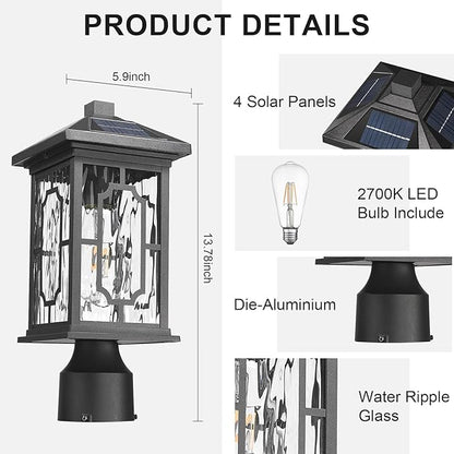 Solar Outdoor Post Light,Dusk to Dawn Aluminum Lamp Posts with Remmote,Waterproof Exterior Pillar Lantern with Water Ripple Glass for Pathway Garden Patio Gargae, 2700K LED Bulb Included