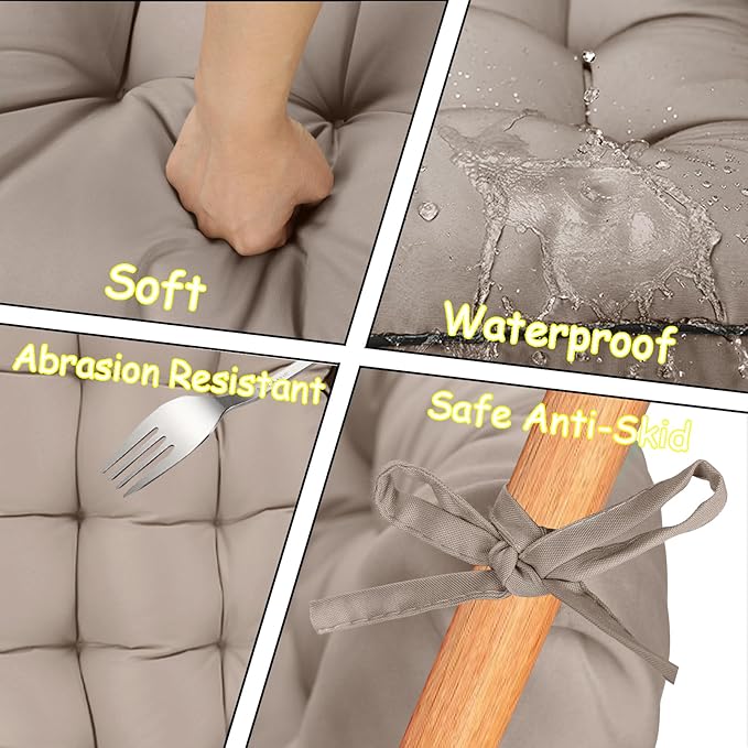 Porch Swing Cushion Three Seat, Waterproof Swing Cushions Replacement with Backrest, Outdoor Garden Furniture Patio 4" Thickened Cushions with Ties (Khaki, 40 x 71in)