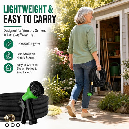 50FT Lightweight Flat Garden Hose for Women & Seniors, Non-Expandable Water Hose with 10-Pattern Spray Nozzle, Easy Storage No-Kink Hose for RV, Patio, Small Backyard, Car Wash & Everyday Watering
