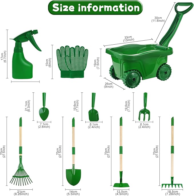 Duckura Kids Gardening Tools Set - 10pcs Wheelbarrow Set for Kids with Shovel, Rake, Leaf Rake, Summer Outdoor Yard Digging Weed Toys, Easter Birthday Gifts for Boys Girls Age 2 3+ Years(Green)
