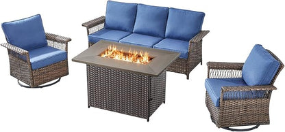 Patio Furniture Set with Fire Pit Table, 4PCS Patio Conversation Set Brown Resin Wicker Swivel Patio Chair and Sofa with 41in Rectangular Fire Table PE Rattan Patio Furniture Set