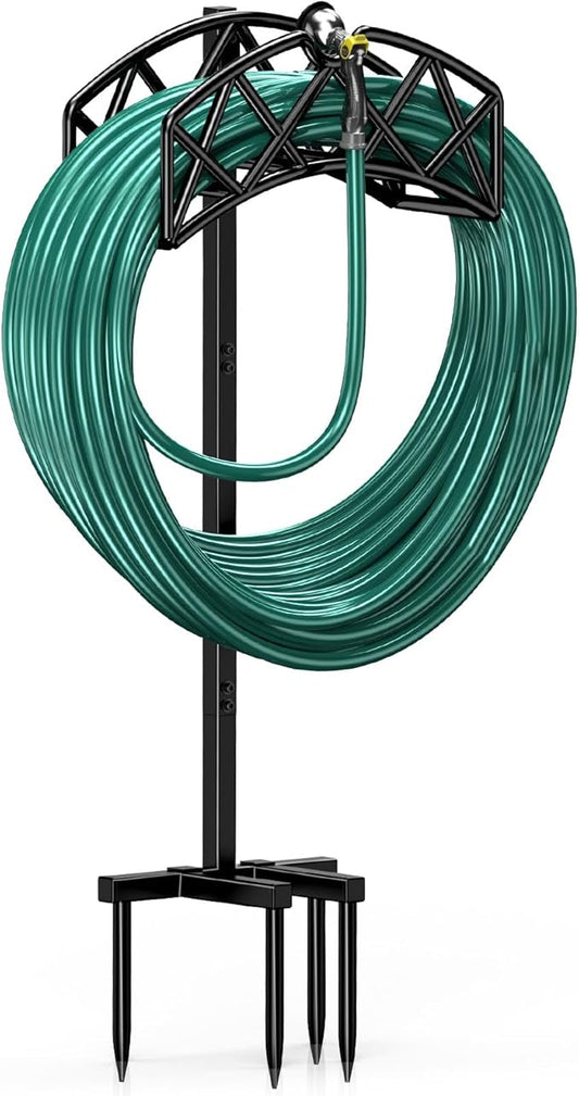 Winpull Garden Hose Holder Detachable Heavy Duty Metal Water Hose Hanger, Freestanding Hose Storage Stand Rack for Outside (Black)