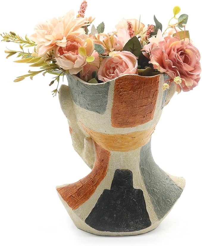 Lukitas Abstract Face Planter, Faux Sandstone Decorative Vase, Colorful Handcrafted Artistic Flower Plant Pot for Garden Patio Living Room, Resin 10.5''