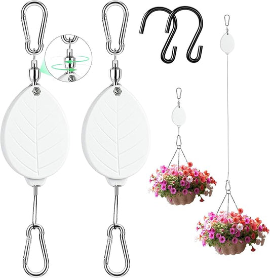 2026New 2Pcs Retractable Plant Hanger with Leaf Texture,44Lbs Load Capacity,Auto Lock,Adjustable Hook for Hanging Plants,Bird Feed,Wind Chimes,Garden Pots,Rust-Proof Stainless Steel,White