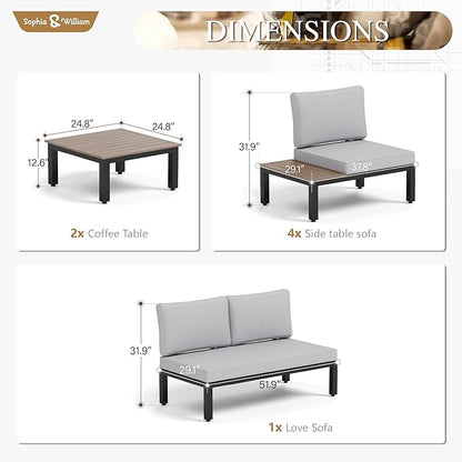 Sophia & William Outdoor Sectional Sofa 7 Piece Metal Outdoor Sectional Furniture Couch Patio Conversation Set with Cushions-4 x Single Sofa with Side Table, 1 x Loveseat, 2 x Tea Table