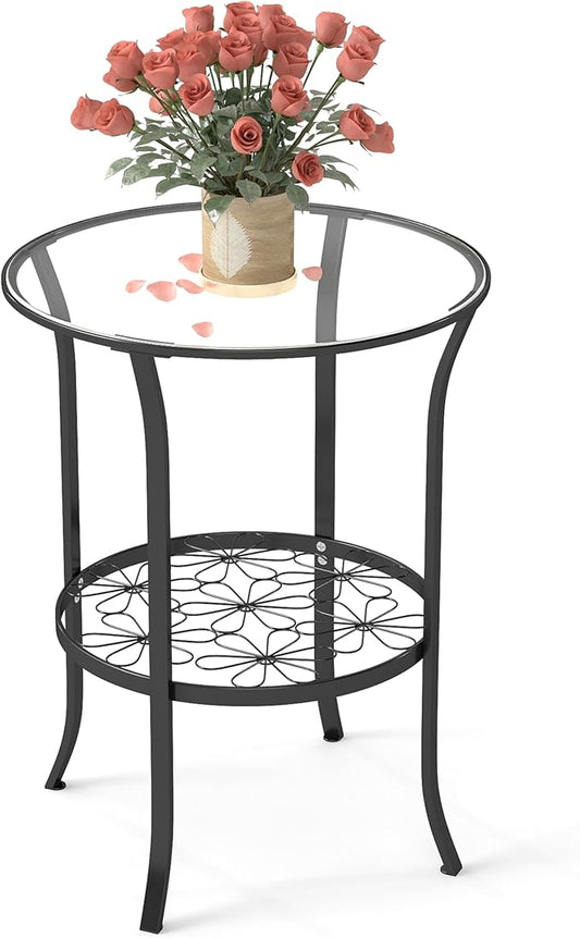 DDK 2-Tier Round Metal Side Table with Glass Top, Outdoor End Table for Patio or Balcony