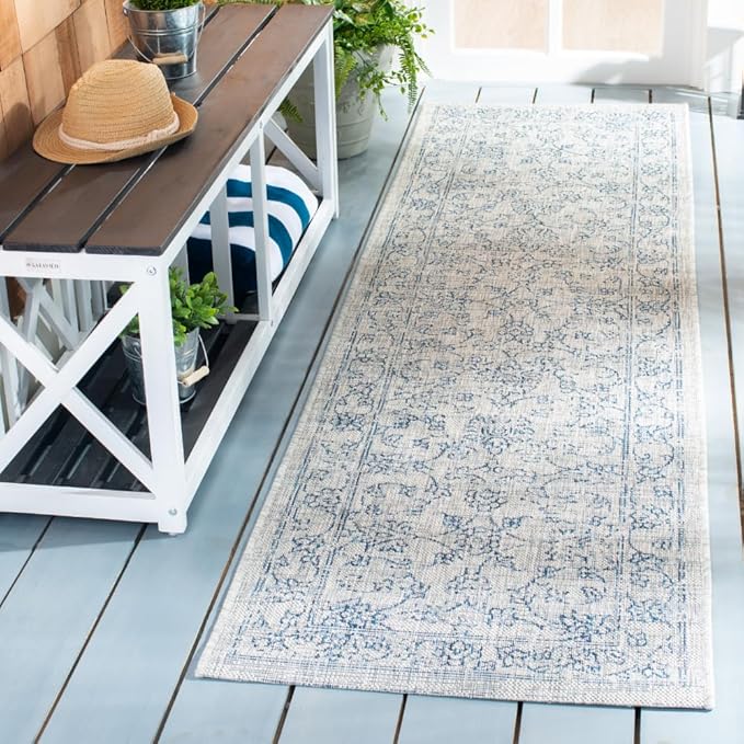 SAFAVIEH Washable Rug Outdoor Courtyard Collection - 2'3" x 8' Runner, Grey & Navy, Non-Shedding & Easy Cleaning, Ideal for Patio, Entryway, Mudroom, Hallway, Kitchen (CY8680-36812)