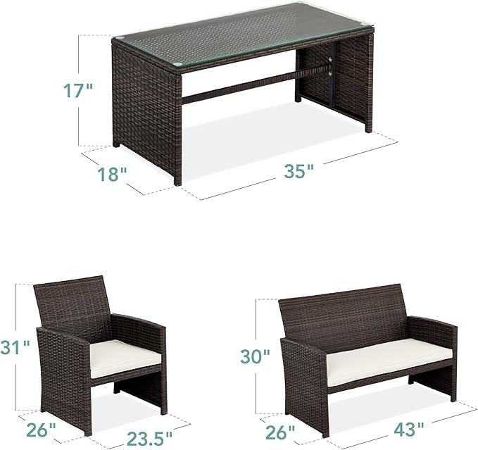 Best Choice Products 4-Piece Outdoor Wicker Patio Conversation Furniture Set for Backyard w/Coffee Table, Seat Cushions - Brown/White Sand