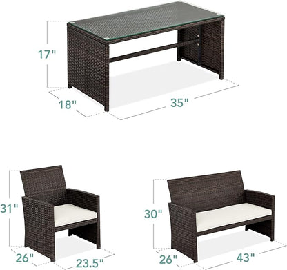 Best Choice Products 4-Piece Outdoor Wicker Patio Conversation Furniture Set for Backyard w/Coffee Table, Seat Cushions - Brown/White Sand