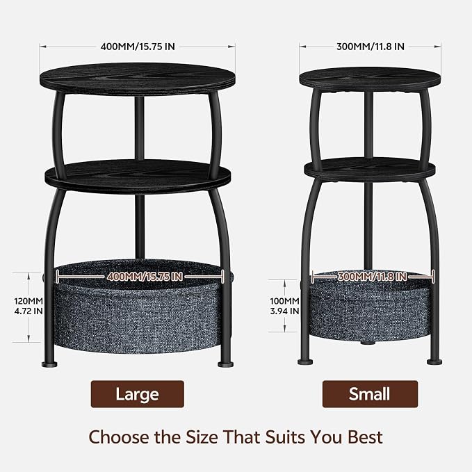 Round Side Table with Storage Basket, End Table Living Room, Black | Round End Table Small Spaces, Bedside Table for Bedroom, 3 Tiers, Sofa Couch Side Table, Greige 15.75 x 24in