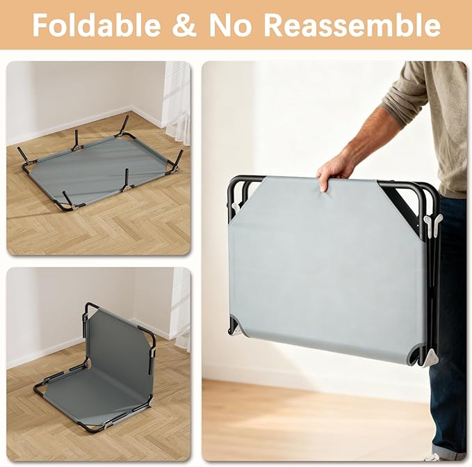 Folding Elevated Dog Bed for Large Dogs, Portable Raised Camping Outdoor Dog Bed, Washable Elevated Pet Beds with No-Slip Feet, Raised Cooling Pet Beds for Indoor & Outdoor Use, Grey, 44 Inches