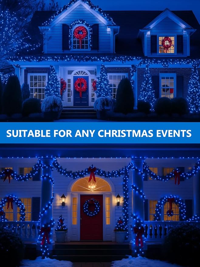 4 Pack Solar Christmas Lights Outdoor Waterproof, 132FT 400LED Solar String Lights Green Wire Fairy Lights, Solar Twinkle Lights with 8 Lighting Modes for Xmas Garden Decorations (Blue)