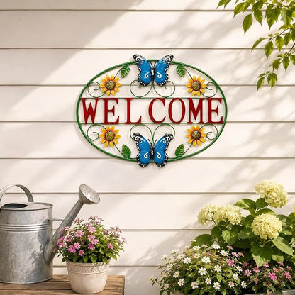 Glitzhome Metal Welcome Sign, Outdoor Metal Welcome Signs for Outside with Vivid Butterfly Wall Decor, Sunflower Garden Art Plaque for Porch Home Decoration