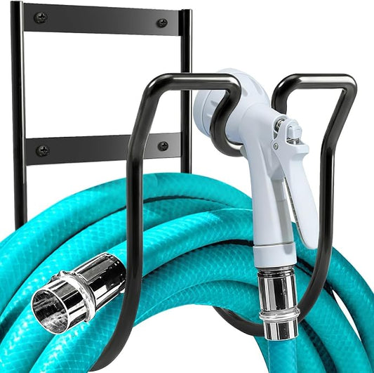 Hose Hanger Wall Mount, Metal Garden Hose Holder with Nozzle Groove for Outside Inside Water Hoses Extension Cords Air Lines, Black, 1 Pcs
