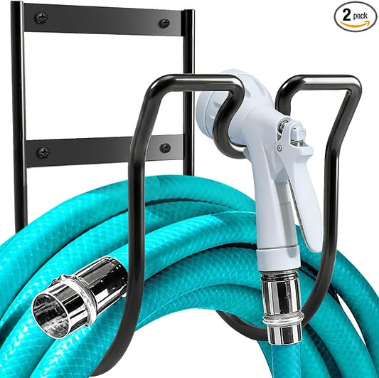 Hose Hanger Wall Mount, Metal Garden Hose Holder with Nozzle Groove for Outside Inside Water Hoses Extension Cords Air Lines, Black, 2 Pcs