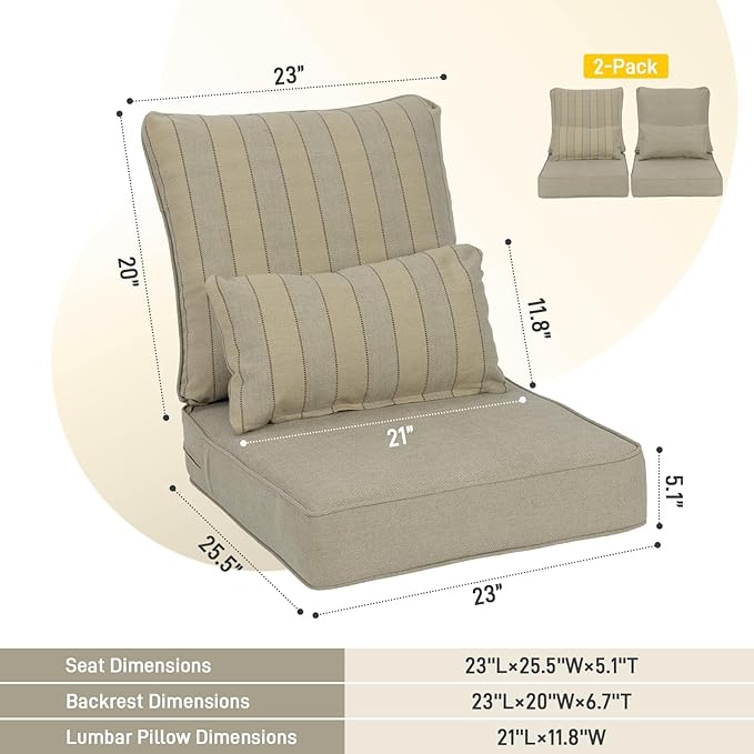 Aoodor Outdoor Chair Cushion, 23 x 26 Inch Water-Resistant, Fade-Resistant Olefin Fabric Patio Seat Cushions with Removable Cover and Adjustable Straps for Outdoor Furniture, Set of 2, Brown Stripes