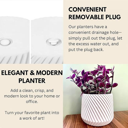 Fox & Fern 8 Inch Plant Pot with Drainage Plug — Premium Polystone White Plant Pot - Modern Planter with 3D Texture and Ceramic Finish - 8 Inch Pots for Plants Indoor & Outdoor - Lightweight