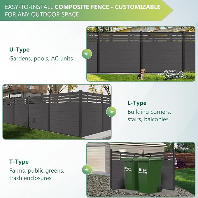 Mondaria Semi-Closed Privacy Fence Panels with 2 Posts for Outside, 6ft(W) x 6ft(H), Wind Resistant Wood Plastic Composite Fencing Panels for Patio, Backyard, Garden and Pool, Sliver Gray