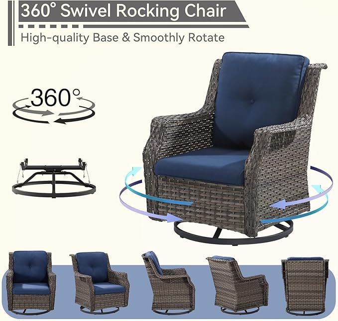 5 Piece Patio Furniture Wicker Conversation Set, 2 Swivel Chairs, 2 Ottomans with 1 Side Table, for Outdoors, Backyard, Deck, Navy