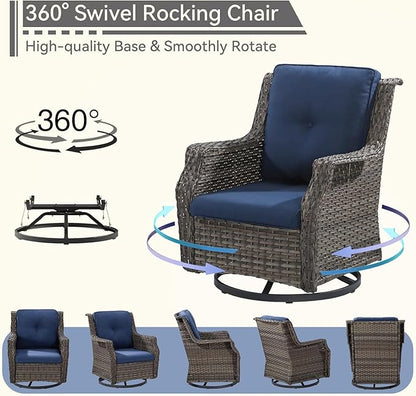 5 Piece Patio Furniture Wicker Conversation Set, 2 Swivel Chairs, 2 Ottomans with 1 Side Table, for Outdoors, Backyard, Deck, Navy