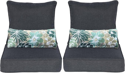 Aoodor Outdoor Chair Cushion, 23 x 26 Inch Water-Resistant, Fade-Resistant Olefin Fabric Patio Seat Cushions with Removable Cover and Adjustable Straps for Outdoor Furniture, Set of 2, Charcoal