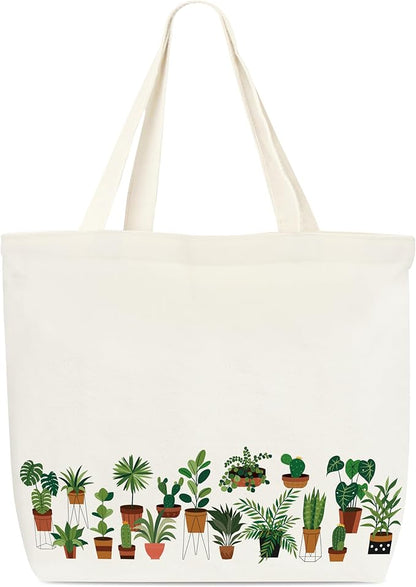 Canvas Tote Bag, Book Tote Bag, Potted Plant Tote Bag, Potted Plant Lover Gift, Funny Tote Bag, Library Tote, Reusable Grocery Shopping Bag, Library Shoulder Bag For Women Man Friends B(04)