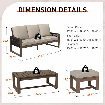 Rustic Hideaway Natural Cedar Wood Outdoor Furniture Set, Wicker Patio Conversation Set for Porch Garden Backyard, Couch, Coffee Table and 2 Ottomans, 4 Piece, Brownish/Beige