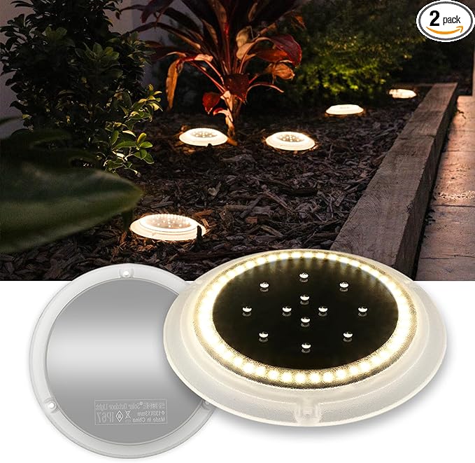 SHONELIGHTING Solar Driveway Lights, Super Bright 48 LED Disc Lights, Flat Low Profile IP67 Ground Lights Easy Install for Deck, Dock, Pathway, Patio, Walkway (Warm White, 2 Pack)