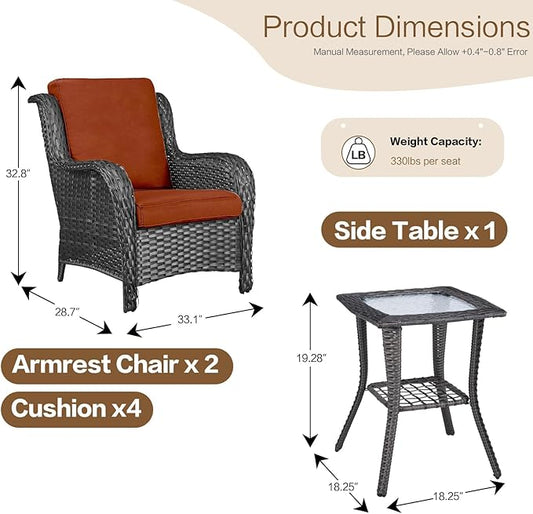 3 Pieces Patio Furniture Conversation Set PE Rattan Wicker Outdoor with 2 Armrest Chair and 1 Coffee Side Table, Soft Thick Washable Cushion for Yard Backyard Poolside Garden (Grey/Orange)