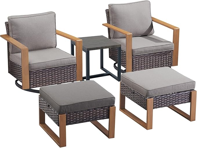 Rilyson Outdoor Wicker Patio Furniture Set - 5 Piece Patio Conversation Set with 2 Wicker Swivel Rocker Chairs,2 Ottoman, 1 Side Table, Thick Cushions, Deep Seating, Wide Armrest(Brown/Grey)