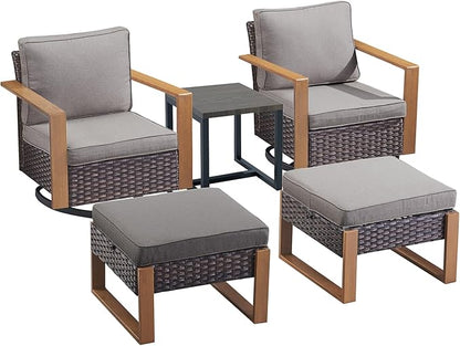 Rilyson Outdoor Wicker Patio Furniture Set - 5 Piece Patio Conversation Set with 2 Wicker Swivel Rocker Chairs,2 Ottoman, 1 Side Table, Thick Cushions, Deep Seating, Wide Armrest(Brown/Grey)