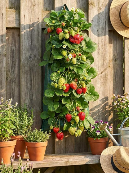 Hanging Strawberry Planter, 3 Pack Breathable Felt Grow Bags with 8 Side Pockets & Reinforced Handles, Upside-Down Patio Garden Container for Tomato, Vegetable, Flower, Outdoor Indoor Planting