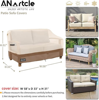 2-Seater Patio Loveseat Cover,58W x 32.5D x 31H Inches Outdoor Couch Cover,100% Waterproof Heavy Duty Patio Sofa Covers,Patio Furniture Covers,Beige&Brown