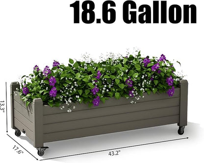 Raised Garden Bed with Wheels Outdoor, Resin Planter Box with Drain Hole and Water Level Detector for Backyard, Patio, Balcony(Gray)