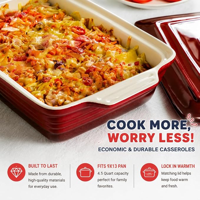 LOVECASA 4.5 Quart Ceramic Casserole Dish with Lid – Oven, Microwave & Dishwasher Safe Bakeware for Family Meals, Lasagna, Roasting, Rectangular Stoneware 9x13 Baking Pan, Gradient Red