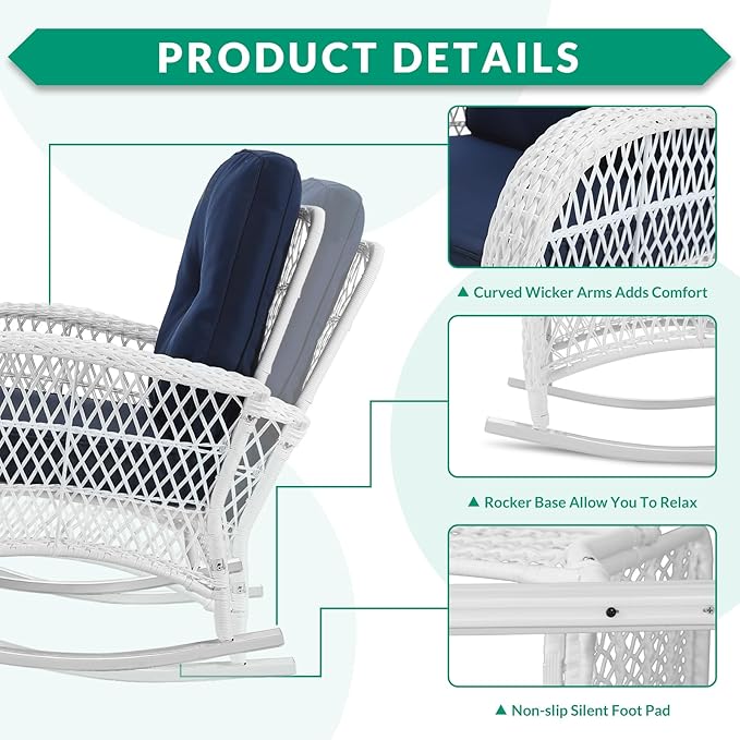 VIVIJASON 2 Piece Patio Wicker Rattan Rocker Chair, Outdoor Rattan Rocker Chair with Cushions & Steel Frame, All-Weather Rocking Lawn Wicker Furniture for Garden Backyard Porch (White/Navy Blue)