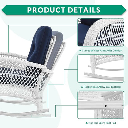 VIVIJASON 2 Piece Patio Wicker Rattan Rocker Chair, Outdoor Rattan Rocker Chair with Cushions & Steel Frame, All-Weather Rocking Lawn Wicker Furniture for Garden Backyard Porch (White/Navy Blue)