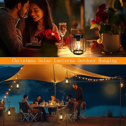 Solar Lanterns Outdoor 2 Pack, Metal Solar Hanging Lanterns with Hook - Outdoor Hanging Lantern Lights Waterproof, Bright Warm Lantern Decor for Outside Garden Yard Patio Pathway