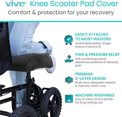 Vive Mobility Knee Scooter Pad Cover - Soft Plush Adult Sheepskin Memory Foam Cushion, Walker Accessory for Knee Roller, Padded Accessories Leg Cart Improves Comfort with Injury, Universal Fit (Black)