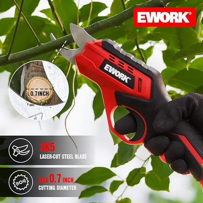 EWORK Cordless Electric Pruning Shears 4.2V Rechargeable 4000mAh Battery, 0.7 Inch Cutting Diameter, 2 SK5 Blades Quick Tool-Less Replacement, Handheld Pruner for Garden Tree Branch Trimming